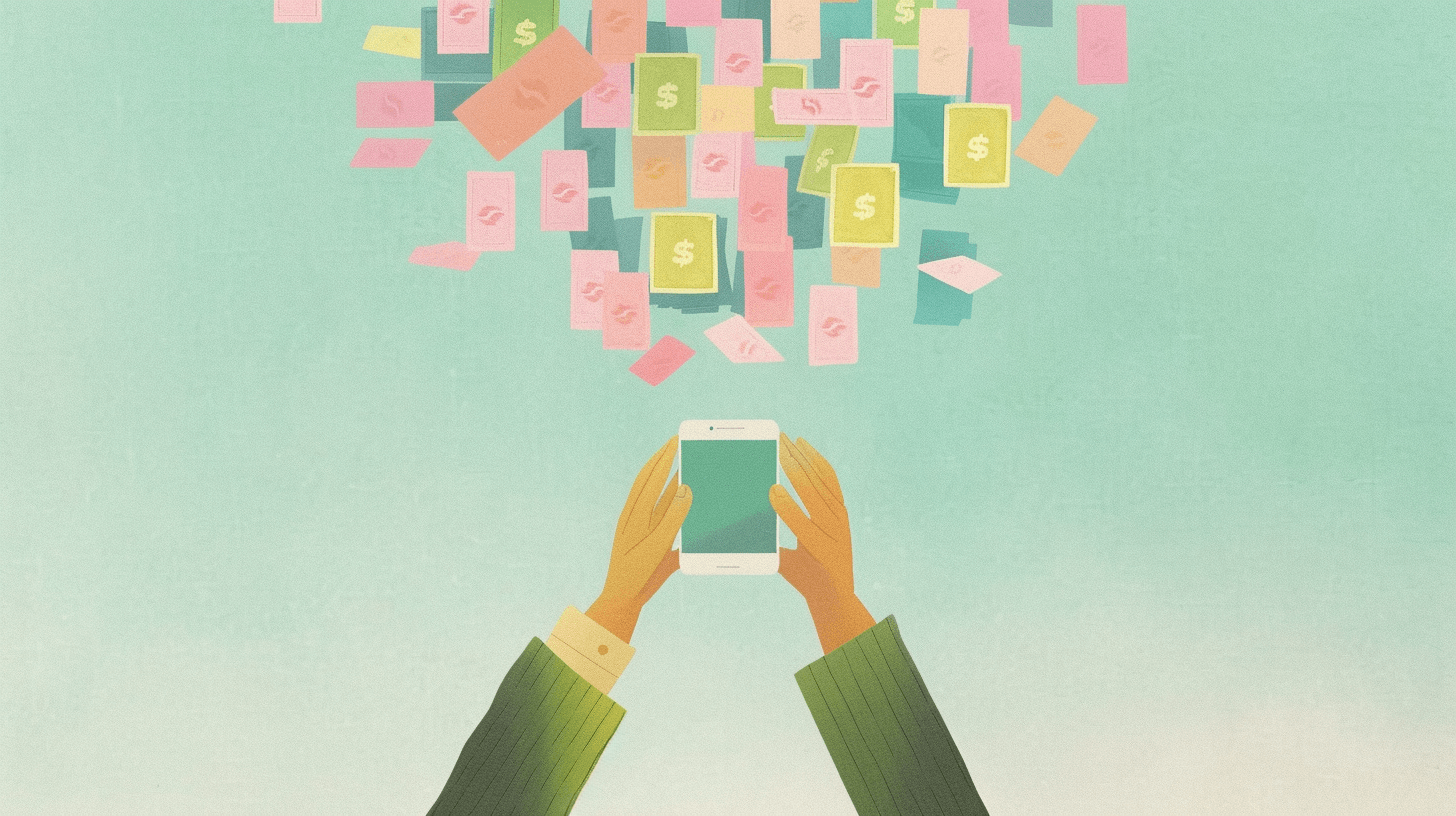Hands holding phone with transfer notifications above representing freelancer payment