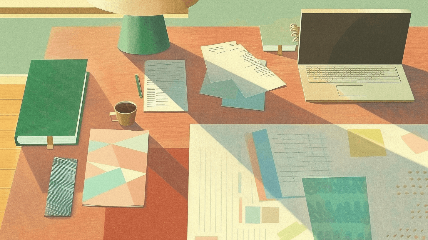 Freelancer's messy desk with scattered documents and invoices